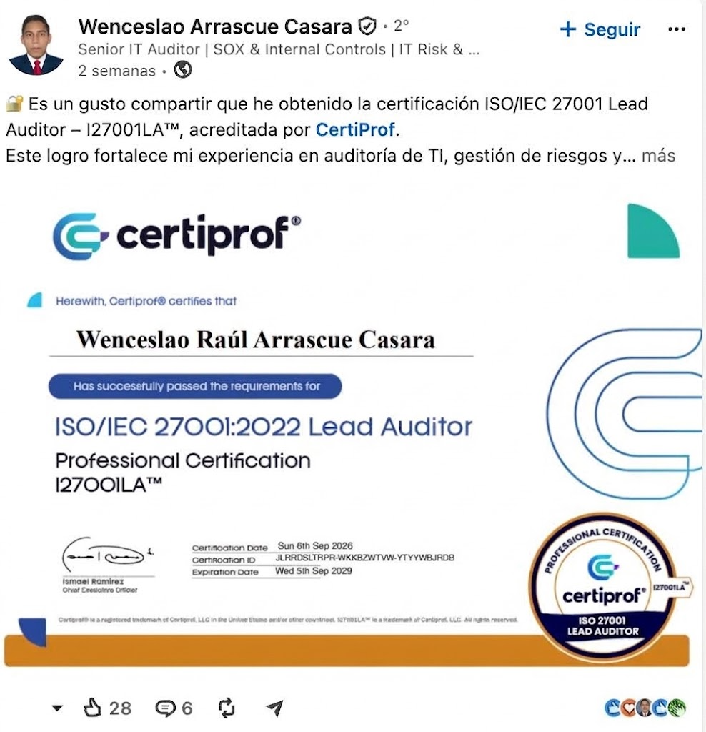 Auditores de TI, líderes de segurança e gerentes de infraestrutura em toda a América Latina estão obtendo sua certificação ISO 27001 com a Certiprof e compartilhando-a com orgulho no LinkedIn.
