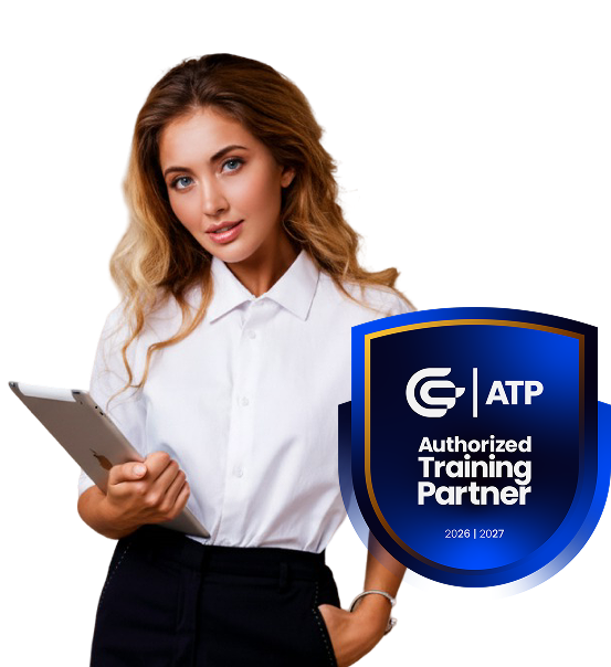Una profesional sostiene una tableta junto al escudo de Authorized Training Partner de CertiProf.